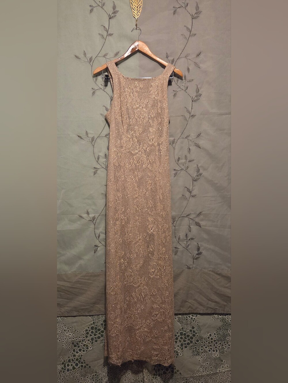 Elegant, Lightweight, Sleeveless Lace Maxi Dress in Gold/Beige